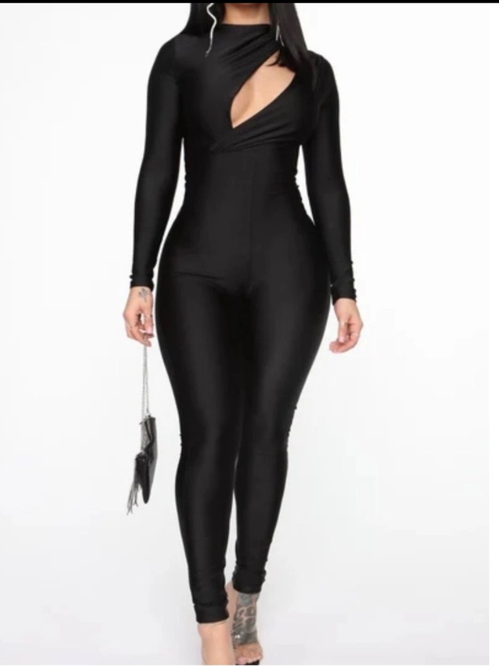 Fashion Nova Give me Some More Black Cut out Front Long Sleeve Jumpsuit Sz Small
